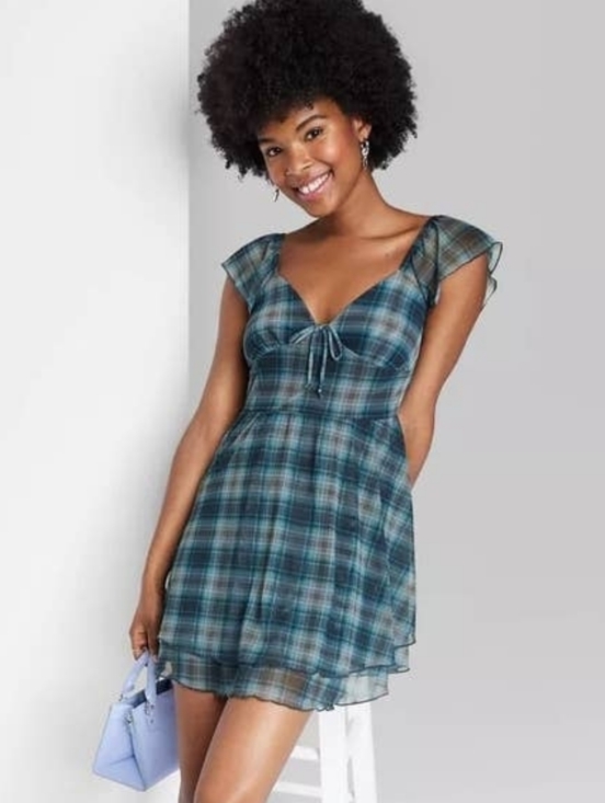 wild fable Dresses & Skirts - Wild fable Teal Plaid Mini Dress with Flutter Sleeves